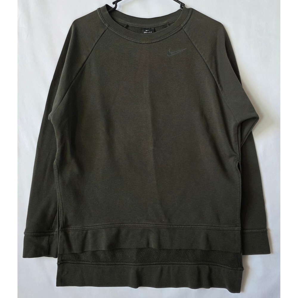 Nike Dri-FIT Womens XS Olive Green Raglan Sweatshirt High Low Hem Side Slit
